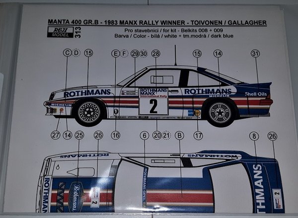 Opel Manta 400 Gr. B 1983 Manx Rallye Winner Toivonen / Gallagher Decals für Belkits 008 / 009