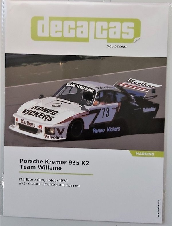 Porsche Kremer 935 K2 Team Willeme Marlboro Cup, Zolder 1978 #73 Claude Bourgoignie Winner Decals