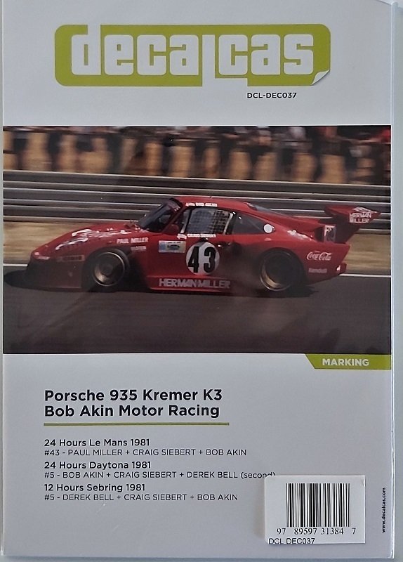 Porsche 935 Kremer K3 Bob Akin Motor Racing Decals