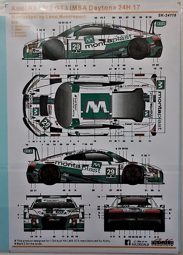 Audi R8 LMS GT3 IMSA Daytona 24H ´17 Monoplast by Land Motorsport #29 Decals